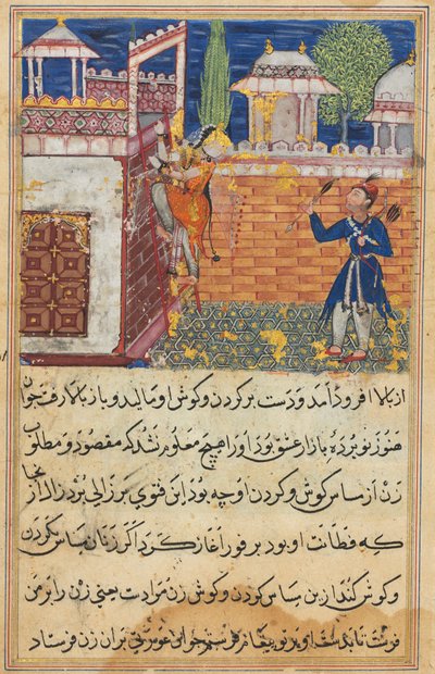Seite aus Geschichten eines Papageis Tuti-nama: Achte Nacht: Die betrügerische Frau kehrt zurück..., 1558-1560 von Shravana