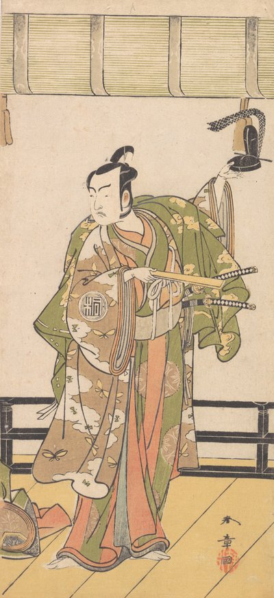 Arashi Sangoro als Samurai auf der Veranda eines großen Hauses stehend, 1774 oder 1775 von Shunsho