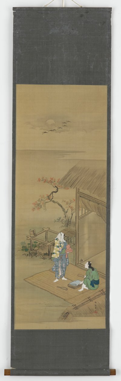 Zwei Bauernmädchen schlagen Stoff vor einem Haus, Edo-Periode, 18. Jahrhundert von Shunsho