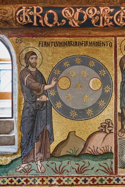 Die Palatinkapelle (Basilika), Mosaikzyklus des Alten Testaments, Zyklus der Schöpfung: "Die Erschaffung der Sterne", XII. Jahrhundert von Sicilian School