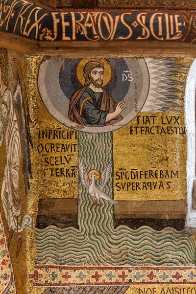 Die Palatinkapelle (Basilika), Mosaikzyklus des Alten Testaments, Zyklus der Schöpfung: "Fiat Lux Gott erschafft das Licht und trennt die Wasser", 12. Jahrhundert von Sicilian School