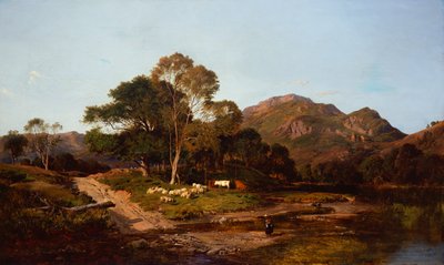 Eine Milchmagd überquert eine Furt mit Schafen und Rindern im Hintergrund von Sidney Richard Percy