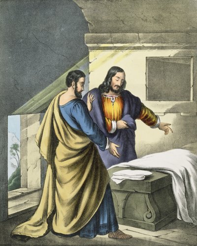 Petrus und Johannes am Grab, aus einer Bibel gedruckt von Edward Gover, 1870er von Siegfried Detler Bendixen