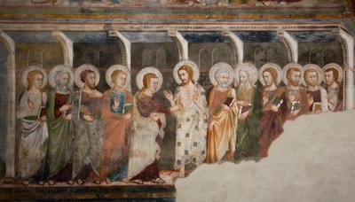 Der ungläubige Apostel Thomas. Fresko der Schule von Siena. 14. Jahrhundert. Obere Kirche. Kloster von San Benedetto (Sacro Speco), Subiaco (Rom), Italien von Sienese School