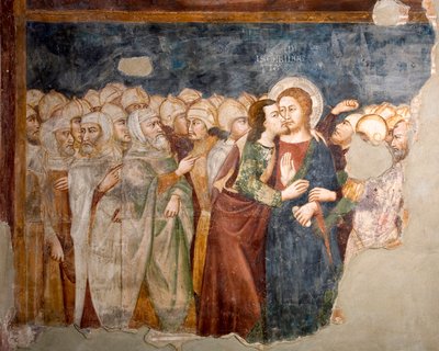 Der Kuss des Judas. Fresko der Schule von Siena. 14. Jahrhundert. Obere Kirche. Kloster von San Benedetto (Sacro Speco), Subiaco (Rom), Italien von Sienese School