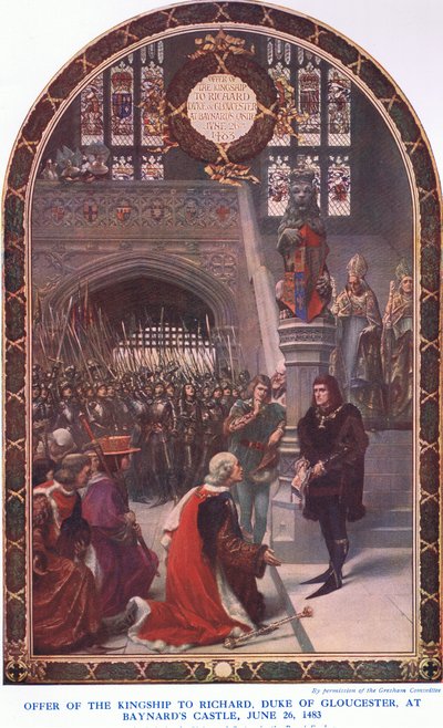 Angebot der Königswürde an Richard Herzog von Gloucester im Baynards Castle, 26. Juni 1483, aus Cassells Geschichte des britischen Volkes veröffentlicht von der Waverley Book Company Limited, ca. 1940 von Sigismund Christian Hubert Goetze
