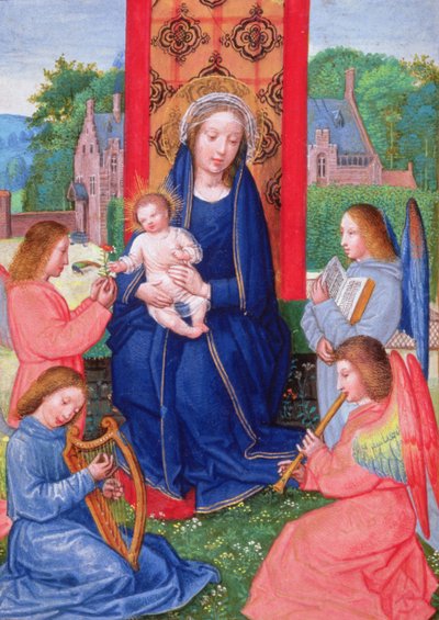 Madonna und Kind mit Engeln, die Instrumente spielen, aus den Stunden der Joanna von Ghistelles von Simon (attr. to) Bening