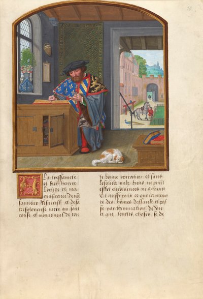 Der Herold des Ordens vom Goldenen Vlies schreibt über Jacques de Lalaing, ca. 1530-40 von Simon Bening