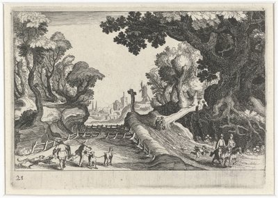 Waldlandschaft mit einem Kreuz entlang eines Pfades (Süd-Europäische Landschaften) von Simon Frisius