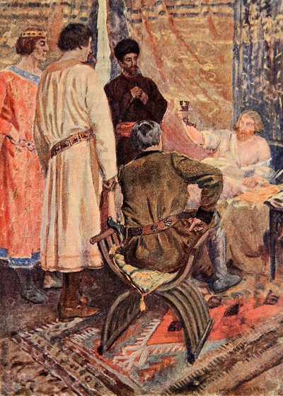 Richard Löwenherz richtete sich in seinem Bett auf und nahm einen Becher in die Hand, Illustration für 