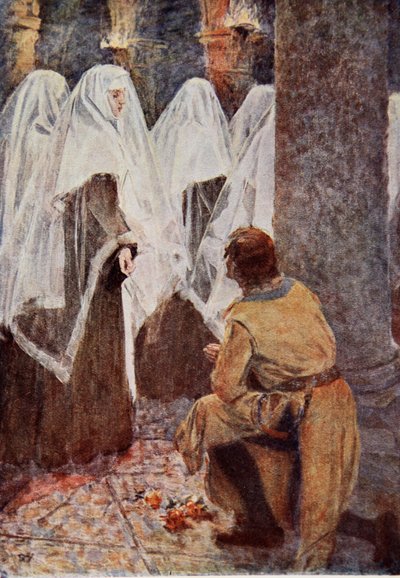 Der schottische Ritter kniete nieder und beobachtete, wie die verschleierten Nonnen vorbeigingen, Illustration für 