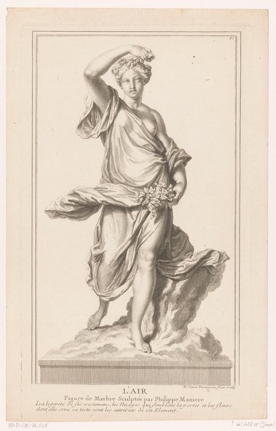 Skulptur einer jungen Frau auf einer Wolke mit Rosen in der Hand von Simon Henri Thomassin