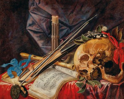 Vanitas-Stillleben mit Bratsche, Klarinette, Schädel, Noten und Kerze von Simon Renard de Saint Andre
