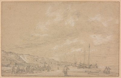 Fischer beim Trocknen von Netzen am Strand von Scheveningen von Simon de Vlieger