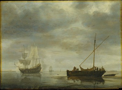 Einmaster und Fregatte feuern auf ruhiger See Salut von Simon de Vlieger