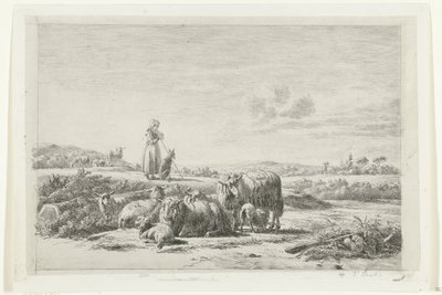 Landschaft mit Hirtin und Hund bei Schafherde von Simon van den Berg