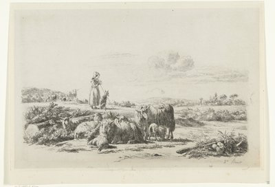 Landschaft mit Hirtin und Hund bei einer Schafherde von Simon van den Berg