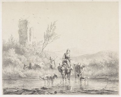 Frau auf Esel und ihre Herde von Simon van den Berg