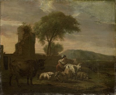 Italienische Landschaft mit Schäferin und Herden von Simon van der Does