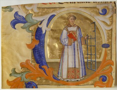 Manuskript-Illumination mit dem Heiligen Laurentius in einem Initial C, aus einem Graduale, ca. 1380-90 von Simone Camaldolese