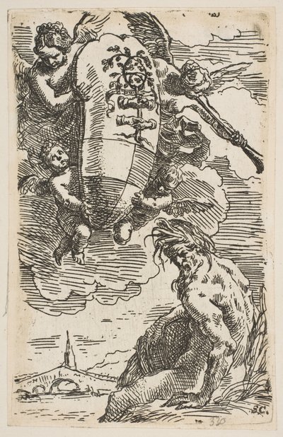 Allegorie des Flusses Foglia mit dem Wappen der Stadt Pesaro, Frontispiz für ..., ca. 1639 von Simone Cantarini