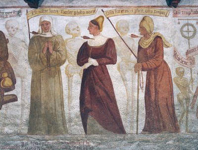 Der Tod mit der Nonne, der jungen Frau und der alten Frau (Detail) aus dem Totentanz von Simone II Baschenis