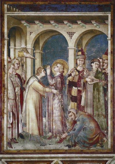 Fresko des Lebens des Heiligen Martin. Der Heilige Martin als Ritter, Detail. Der Bischof Saint Martin de Tours und die Musiker. Gemälde von Simone Martini von Simone Martini