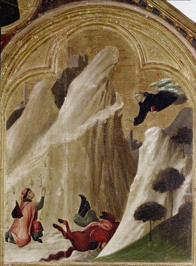 Das Wunder des Ritters, der von der Klippe fällt und am Leben bleibt. Teil des Triptychons Geschichte des Eremiten von St. Augustinus von Simone Martini