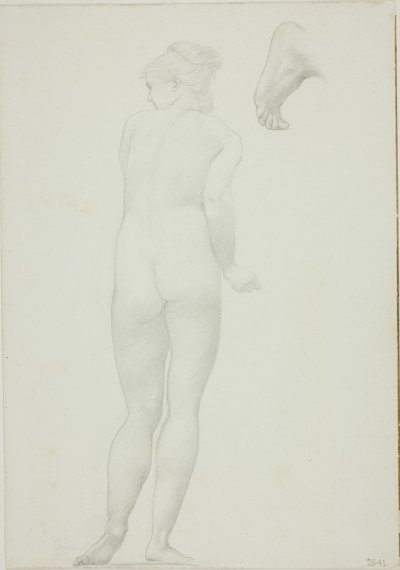 Rückansicht einer stehenden nackten Frau und Skizze eines Fußes von Sir Edward Burne Jones