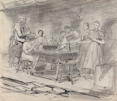 Studie von Frauen und Männern, die vor einer Mahlzeit das Tischgebet sprechen von Sir Hubert von Herkomer