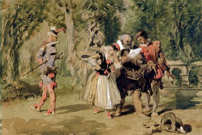 Sir Andrew Aguecheek schreibt eine Herausforderung, 1859 von Sir John Gilbert