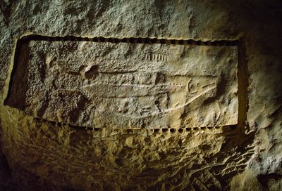Prähistorische Höhlenzeichnung zeigt einen Lachs, aus dem Abri du Poisson von Sisse Brimberg