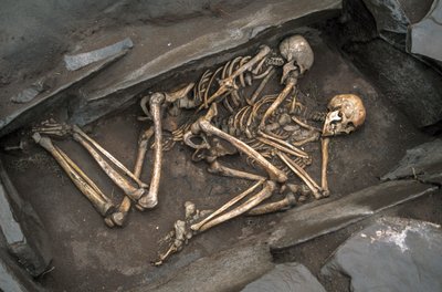 Die Knochen von zwei Skythen liegen in einem 3000 Jahre alten Grab bei Arzhan-2. (2003) von Sisse Brimberg