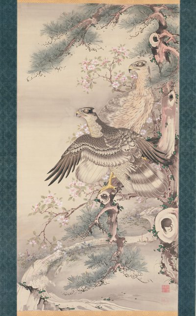 Paar Falken mit Zweig und Blüten von Soga Shohaku