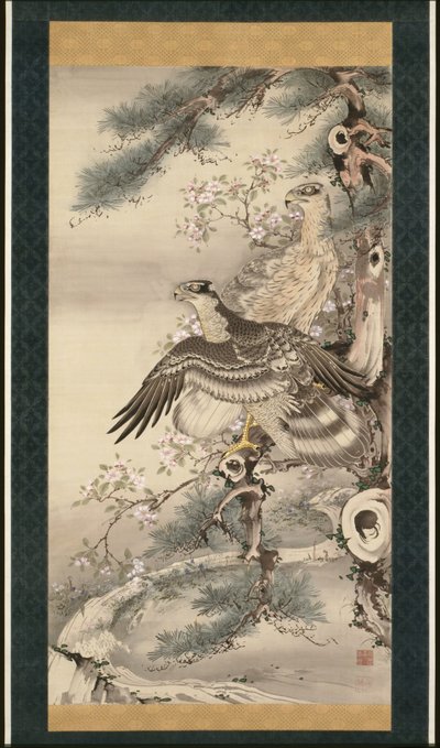 Paar Falken mit Zweig und Blüten von Soga Shohaku