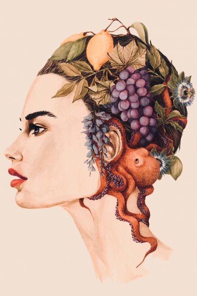 Surreales Frauen-Oktopus-Porträt von Sophia Novosel