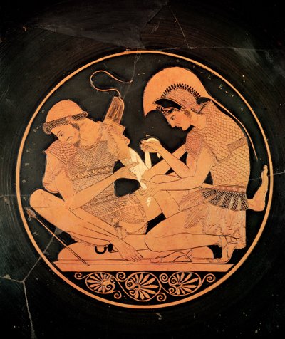 Innenraum einer attischen rotfigurigen Kylix, die Achilles zeigt, wie er den verwundeten Patroklos pflegt, aus Vulci, ca. 500 v. Chr. von Sosias Painter