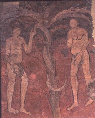 Adam und Eva, der Ursprung der Sünde, Wandgemälde aus dem Triumphbogen in der Apsis des Mittelschiffs, Sta. Maria de Barbera von Spanish School