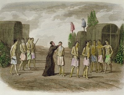 Ein indigener Sklave des Tupinamba-Stammes wird von einem Jesuitenpriester in der Nähe von Bahia im Jahr 1550 getauft von Spanish School