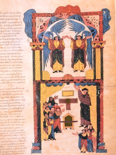 Engel und David mit der Bundeslade vor dem Tempel Salomos, fol.139r., aus der Westgotisch-Mozarabischen Bibel von St. Isidores, 960 n. Chr. (Tempera auf Pergament) von Spanish School