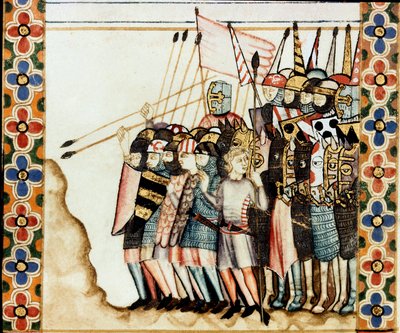 Armee der Kreuzfahrer Detail einer Seite aus einem Manuskript des Liedes von der Heiligen Maria (Cantigas de Santa Maria), dekoriert mit Miniaturen, die der Heiligen Maria und ihren Wundern gewidmet sind, eine Sammlung von Liedern, die unter der Herrschaft von Spanish School
