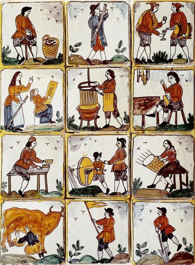 Handwerksberufe: Schuhmacher, Küfer, Korbmacher, Winzer, Zeichnungslehrer, Musiker, Kuhmelken, Schärfer, Bauer, Ebenist. Katalanische Keramikfliesen (Spanien) von Spanish School