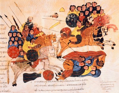 Schlacht zwischen den Hebräern und den Philistern, aus der Westgotisch-Mozarabischen Bibel von St. Isidores, fol.119r., 960 n. Chr. (Tempera auf Pergament) von Spanish School