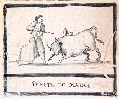 Stierkampfszene auf einer antiken Fliese - Die Tötungsphase von Spanish School