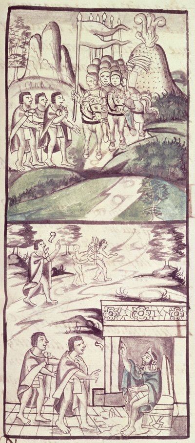 Kodex der Eroberung Mexikos: die Gesandten von Montezuma, oder Moctezuma II, Aztekenkaiser treffen die Spanier von Spanish School