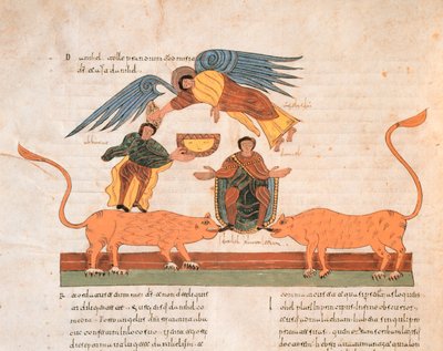 Daniel in der Löwengrube, aus der Westgotisch-Mozarabischen Bibel von St. Isidores, fol.325v., 960 n. Chr. (Tempera auf Pergament) von Spanish School