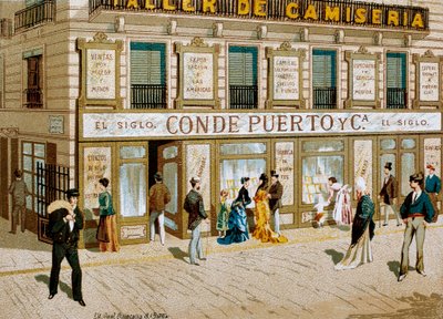 Mode: Werbeplakat für den Stoffladen "Conde Puerto" Boutique Barcelona. 19. Jahrhundert von Spanish School