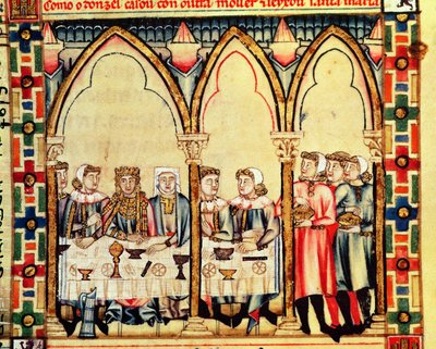 Fol.16v Verlobungsbankett, aus dem Manuskript, das unter der Leitung von Alfons X. dem Weisen, König von Kastilien und León, erstellt wurde von Spanish School