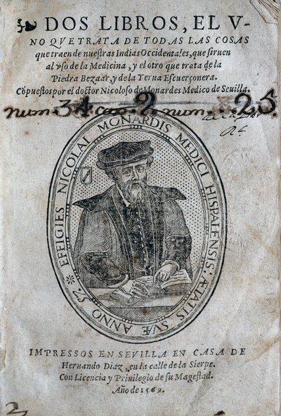 Frontispiz, mit dem Porträt von Nicolas Monardes (1493-1588) eines Medizinbuchs von den Inseln der spanischen Karibik und den Anwendungen des Bezoars (Gegengift). Werk von Nicolas Monardes, Ausgabe 1569, von Hernando Diaz, in Sevilla. Universitätsbibliothe von Spanish School