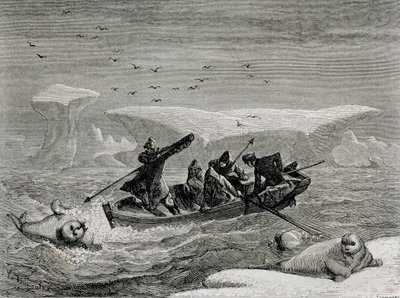 Walrossjagd mit Harpunen auf den Spitzbergen, Svalbard-Archipel, Illustration aus 